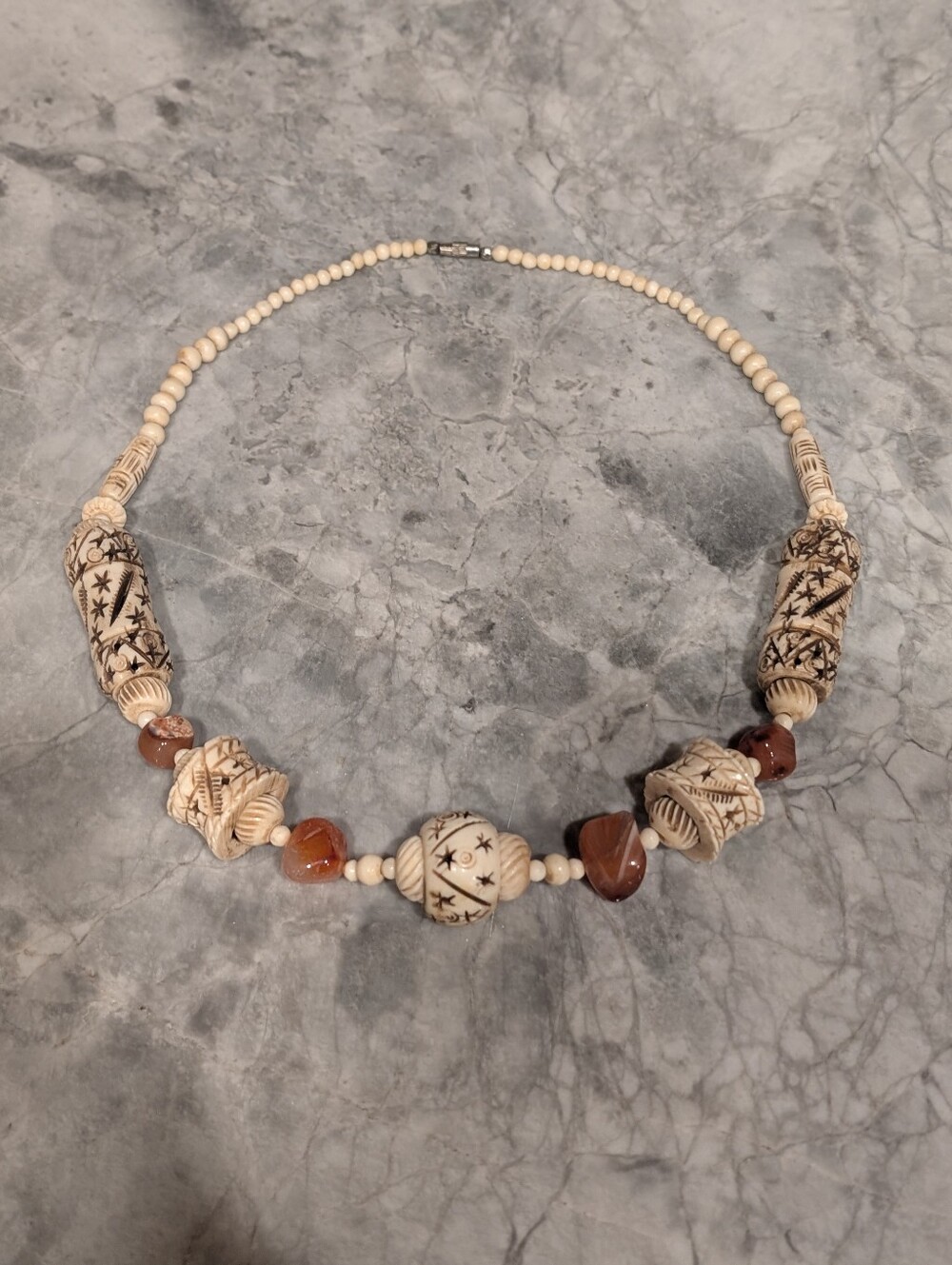 Vintage Tribal Bone And Agate Necklace - Hand Carved Beads Afrohemian 70s